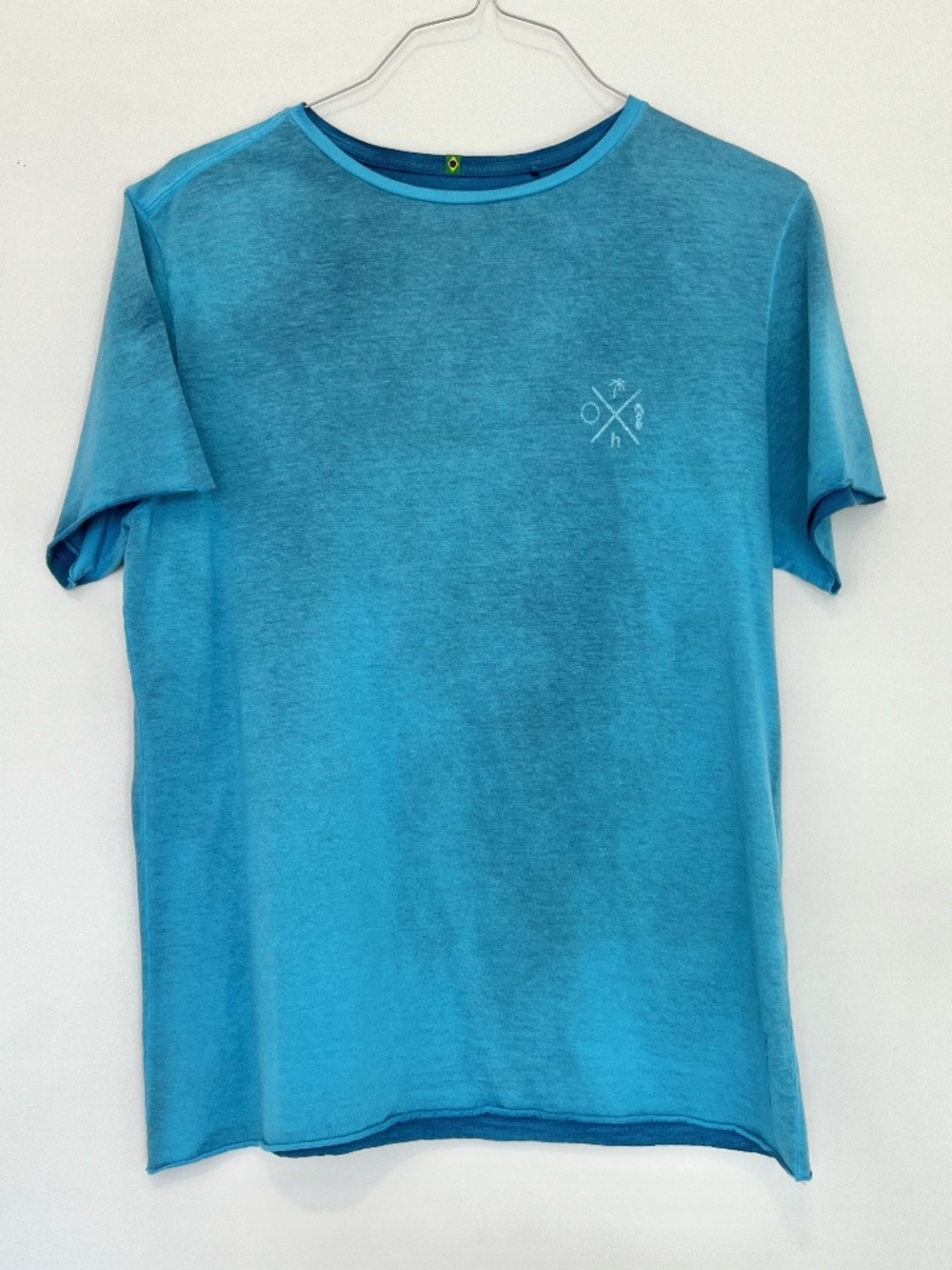 Havaianas men's t-shirt, size S , distressed cyan color with print on back